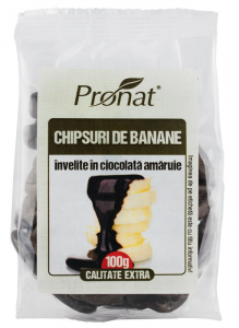 Snacksuri - Chipsuri de banane invelite in ciocolata amaruie, 100g Pronat
