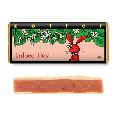 Ciocolata - Ciocolata alba bio si fairtrade umpluta cu crema de capsuni, Iepurasul de Paste, 70g Zotter
