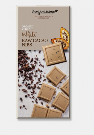 Fara gluten - Ciocolata alba cu cacao nibs bio, 70g, Benjamissimo