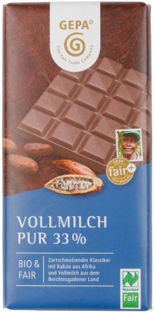 Alimente - Ciocolata bio si fairtrade cu lapte 33% cacao, 100g Gepa