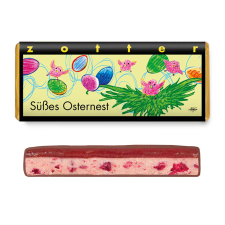 Ciocolata - Ciocolata cu lapte bio si fairtrade umpluta cu zmeura, caramel si nougat de fructe, Paste fericit, 70 g Zotter