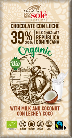 Ciocolata Sole - Spania - Ciocolata cu lapte si cocos bio si fairtrade, 100g Chocolates Sole