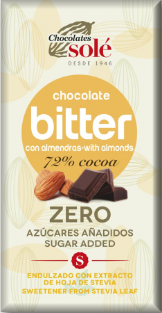 Ciocolata Sole - Spania - Ciocolata cu migdale indulcita cu stevie, minim 72% cacao, 100g Chocolates Sole