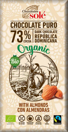 Ciocolata Sole - Spania - Ciocolata neagra bio 73% cacao, cu migdale, 150g Chocolates Sole