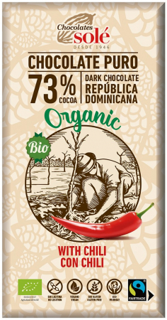 Ciocolata Sole - Spania - Ciocolata neagra bio cu chili, 73% cacao, 100g Chocolates Sole