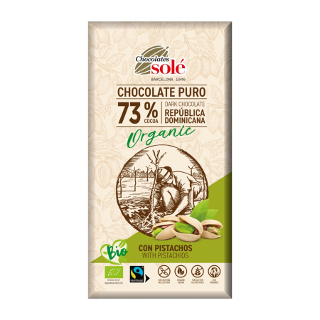 Alimente - Ciocolata neagra bio cu fistic 73% cacao, 135g Chocolates Sole
