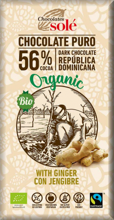 Ciocolata Sole - Spania - Ciocolata neagra bio cu ghimbir, 56% cacao, 100g Chocolates Sole