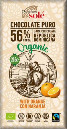 Ciocolata Sole - Spania - Ciocolata neagra bio cu portocale, 56% cacao, 100g Chocolates Sole