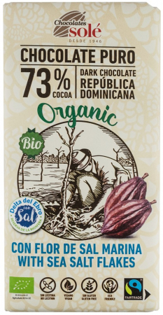 Alimente - Ciocolata neagra bio si fairtrade 73% cacao cu Fleur de sel, 100g Chocolates Sole