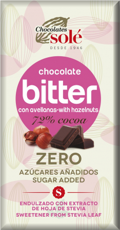 Ciocolata - Ciocolata neagra cu alune de padure cu stevie, minim 72% cacao, 100g Chocolates Sole