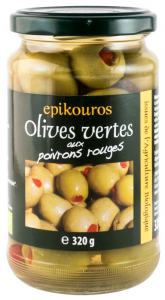Masline - Masline verzi bio umplute cu ardei rosu, in saramura, 320g Epikouros