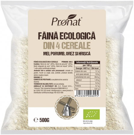 Orez, Faina si Premixuri - Faina bio din patru cereale natural fara gluten, 500g Pronat