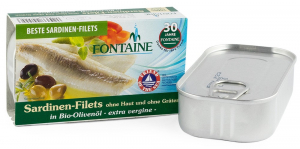 Conserve, Pateuri, creme tartinabile - File de sardine fara piele si fara oase in ulei bio de masline, 120g Fontaine
