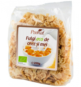 Cereale, fulgi din cereale, mic dejun - Fulgi bio de orez si mei, 200g Pronat