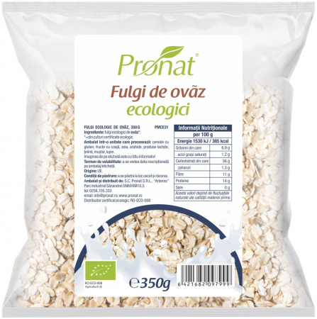 Cereale, fulgi din cereale, mic dejun - Fulgi bio de ovaz mari, 350g Pronat