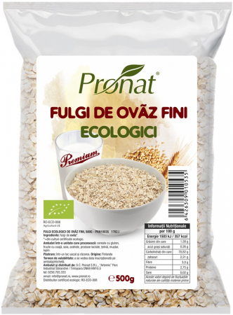 Cereale, fulgi din cereale, mic dejun - Fulgi bio de ovaz fini, 500g Pronat