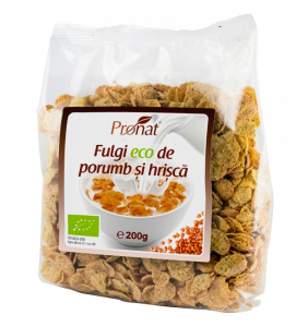 Cereale, fulgi din cereale, mic dejun - Fulgi bio de porumb si hrisca, 200g Pronat