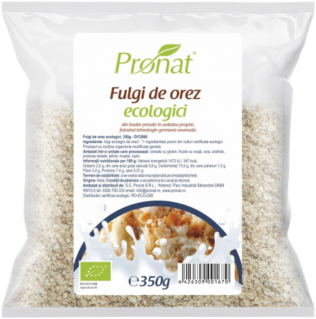 Cereale, fulgi din cereale, mic dejun - Fulgi de orez bio, 350g Pronat