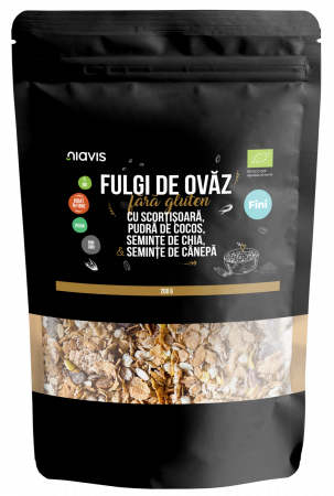 Cereale, fulgi din cereale, mic dejun - Fulgi de ovaz fini fara gluten cu scortisoara, pudra de cocos, chia si seminte de canepa ecologica,200 g