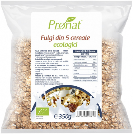 Cereale, fulgi din cereale, mic dejun - Fulgi din 5 cereale bio, 350g Pronat