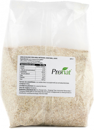 Gris bio din grau integral veritabil, 600g Pronat [2]