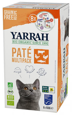 Hrana si cosmetice pentru animale - Hrana bio pentru pisici, tip pateu, in 3 arome, 800g Yarrah