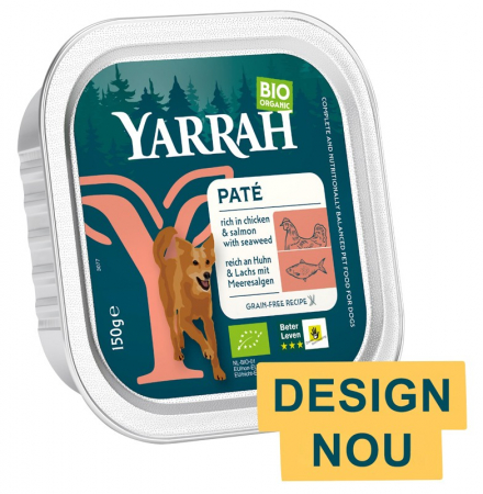 Hrana si cosmetice pentru animale - Hrana umeda bio pentru caini, bucati de carne de pui si somon, 150g Yarrah