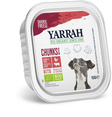 Hrana si cosmetice pentru animale - Hrana umeda bio pentru caini, bucati de carne de vita si pui, 150g Yarrah