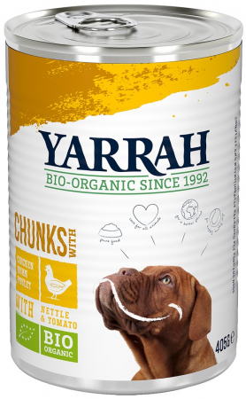 Hrana si cosmetice pentru animale - Hrana umeda bio pentru caini, bucati de pui in sos, 405g Yarrah