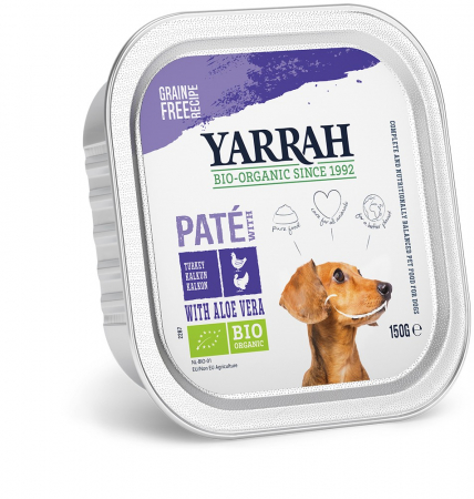 Hrana si cosmetice pentru animale - Hrana umeda bio pentru caini, pate cu pui, curcan si aloe vera, 150g Yarrah