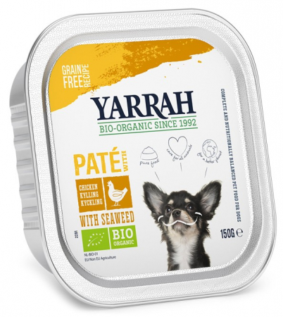 Hrana si cosmetice pentru animale - Hrana umeda bio pentru caini, pate cu pui si alge marine, 150g Yarrah