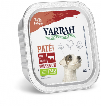Hrana si cosmetice pentru animale - Hrana umeda bio pentru caini, pate cu vita si spirulina, 150g Yarrah
