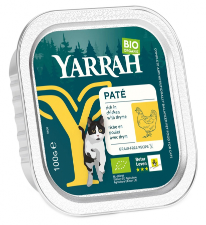 Hrana si cosmetice pentru animale - Hrana umeda bio pentru pisici cu carne de pui, 100g Yarrah