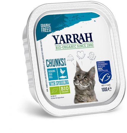 Hrana si cosmetice pentru animale - Hrana umeda bio pentru pisici cu carne de pui, peste si spirulina, 100g Yarrah