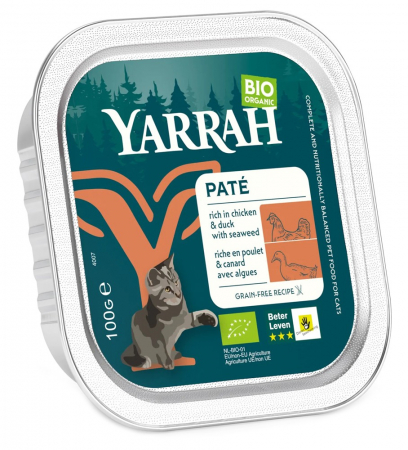 Hrana si cosmetice pentru animale - Hrana umeda bio pentru pisici cu carne de pui si rata, 100g Yarrah