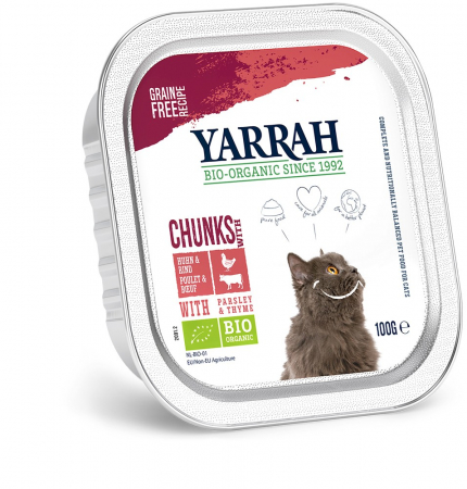 Produse bio pentru pisici - Hrana umeda bio pentru pisici cu carne de pui, vita, patrunjel si cimbru, 100g Yarrah
