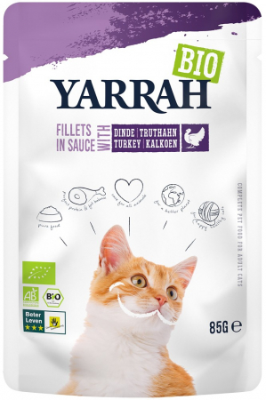 Produse bio pentru pisici - Hrana umeda bio pentru pisici, file cu carne de curcan in sos, 85g Yarrah