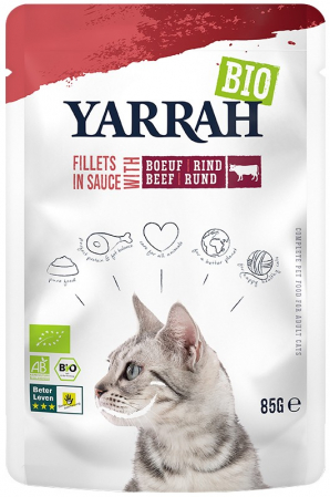 Hrana si cosmetice pentru animale - Hrana umeda bio pentru pisici, file cu ficat de vita in sos, 85g Yarrah