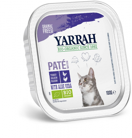 Produse bio pentru pisici - Hrana umeda bio pentru pisici, pate cu carne de pui si curcan cu aloe vera, 100g Yarrah