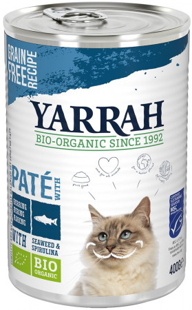 Produse bio pentru pisici - Hrana umeda bio pentru pisici, pate cu peste, alge si spirulina, 400g Yarrah