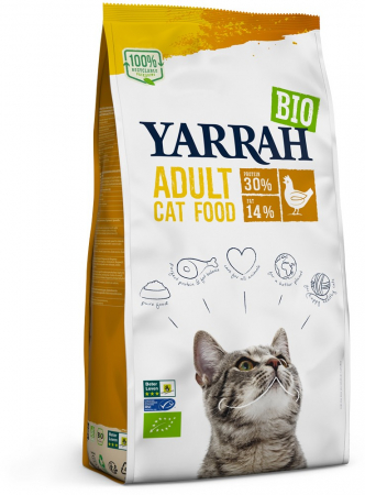 Hrana si cosmetice pentru animale - Hrana uscata bio pentru pisici adult, cu carne de pui, 30% proteina si 14% grasimi, 800g Yarrah