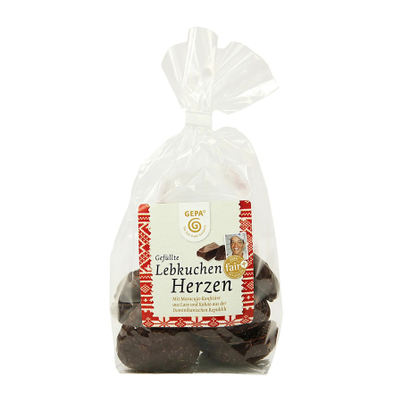 Ciocolata - Inimioare umplute din turta dulce glazurate cu ciocolata neagra, 125g Gepa