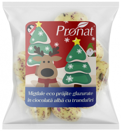 Ciocolata diversa - Migdale bio prajite, glazurate in ciocolata alba cu trandafiri, 50g Pronat