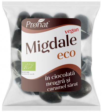 Ciocolata - Migdale bio prajite si sarate glazurate in ciocolata neagra si caramel sarat 50g Pronat