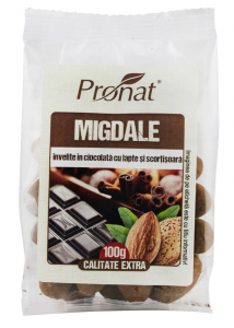 Snacksuri - Migdale invelite in ciocolata cu lapte si scortisoara, 100g Pronat