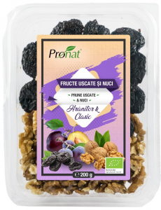 Seminte, fructe uscate, samburi - Mix bio de prune uscate si nuci hranitor si clasic 200g Pronat