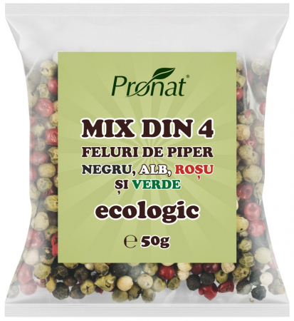 Condimente - Mix din 4 feluri de piper bio negru, alb, rosu si verde, 50g Pronat