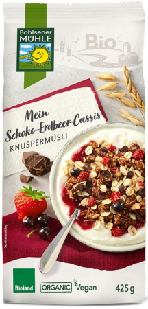 Cereale, fulgi din cereale, mic dejun - MUSLI BIO CROCANT CU CIOCOLATA, CAPSUNI SI COACAZE NEGRE, 425G BOHLSENER MUHLE