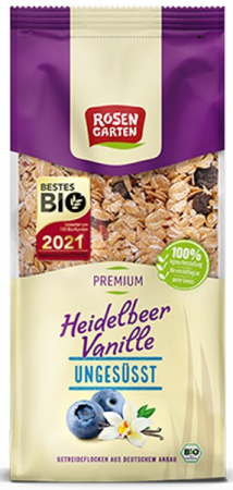 Cereale, fulgi din cereale, mic dejun - Musli bio neindulcit cu afine si vanilie 400g Rosen Garten