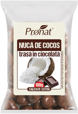 Fructe si seminte in ciocolata - Nuca de cocos trasa in ciocolata, 100g Pronat